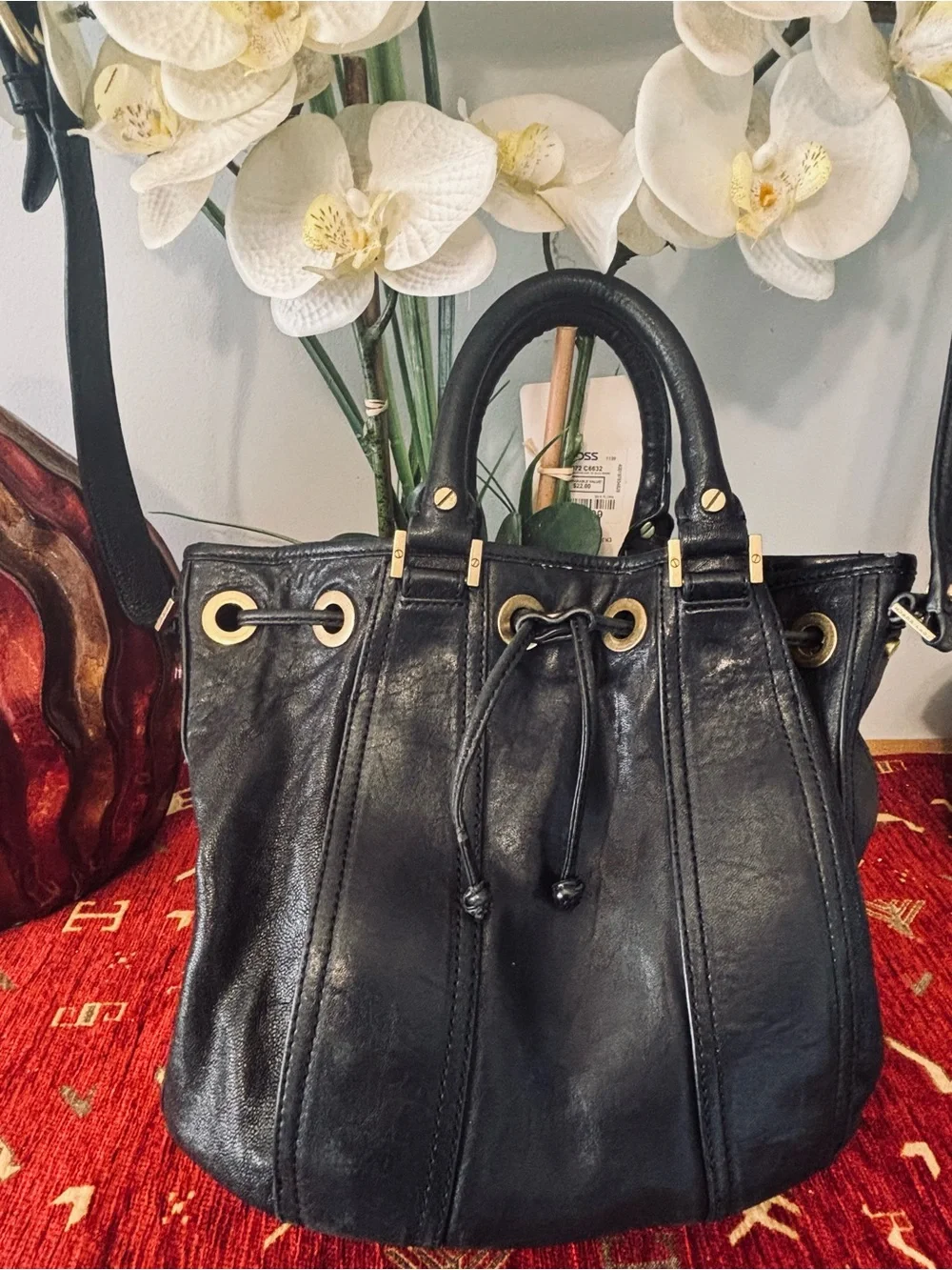 Tory Burch Black Leather Messenger with Gold Hardware